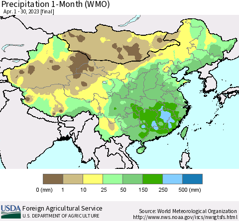 China, Mongolia and Taiwan Precipitation 1-Month (WMO) Thematic Map For 4/1/2023 - 4/30/2023
