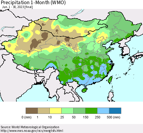 China, Mongolia and Taiwan Precipitation 1-Month (WMO) Thematic Map For 6/1/2023 - 6/30/2023