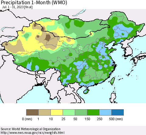 China, Mongolia and Taiwan Precipitation 1-Month (WMO) Thematic Map For 7/1/2023 - 7/31/2023