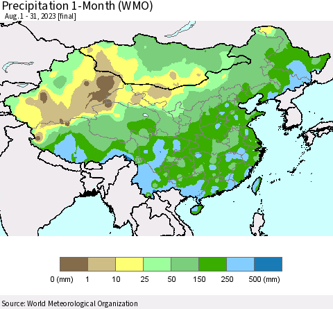 China, Mongolia and Taiwan Precipitation 1-Month (WMO) Thematic Map For 8/1/2023 - 8/31/2023