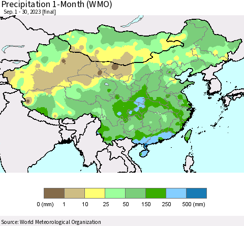 China, Mongolia and Taiwan Precipitation 1-Month (WMO) Thematic Map For 9/1/2023 - 9/30/2023