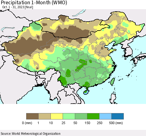 China, Mongolia and Taiwan Precipitation 1-Month (WMO) Thematic Map For 10/1/2023 - 10/31/2023
