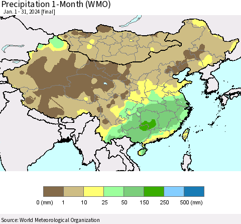 China, Mongolia and Taiwan Precipitation 1-Month (WMO) Thematic Map For 1/1/2024 - 1/31/2024