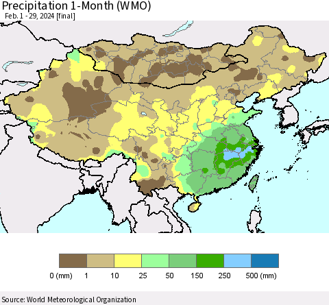 China, Mongolia and Taiwan Precipitation 1-Month (WMO) Thematic Map For 2/1/2024 - 2/29/2024