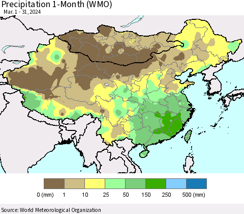 China, Mongolia and Taiwan Precipitation 1-Month (WMO) Thematic Map For 3/1/2024 - 3/31/2024