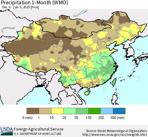 China, Mongolia and Taiwan Precipitation 1-Month (WMO) Thematic Map For 12/6/2019 - 1/5/2020