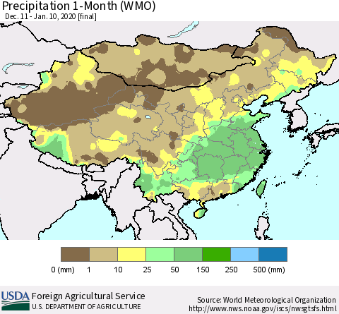 China, Mongolia and Taiwan Precipitation 1-Month (WMO) Thematic Map For 12/11/2019 - 1/10/2020