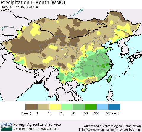 China, Mongolia and Taiwan Precipitation 1-Month (WMO) Thematic Map For 12/16/2019 - 1/15/2020