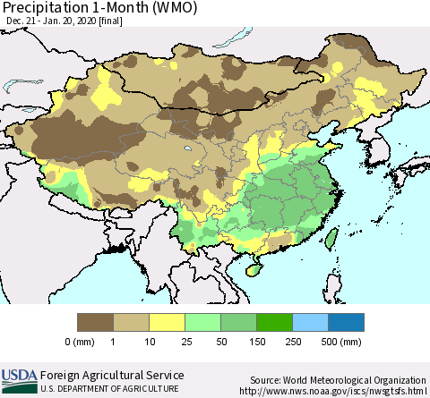 China, Mongolia and Taiwan Precipitation 1-Month (WMO) Thematic Map For 12/21/2019 - 1/20/2020