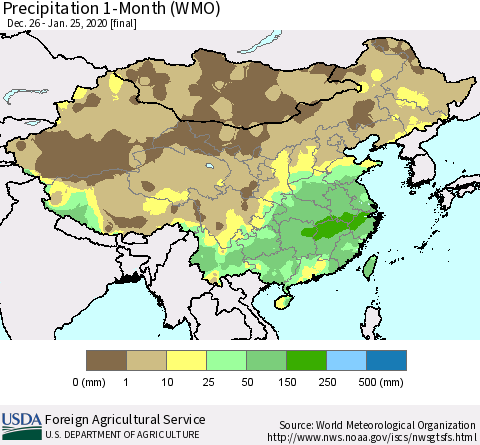 China, Mongolia and Taiwan Precipitation 1-Month (WMO) Thematic Map For 12/26/2019 - 1/25/2020
