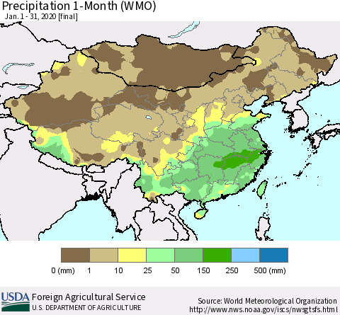 China, Mongolia and Taiwan Precipitation 1-Month (WMO) Thematic Map For 1/1/2020 - 1/31/2020