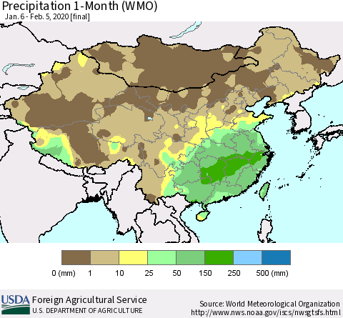 China, Mongolia and Taiwan Precipitation 1-Month (WMO) Thematic Map For 1/6/2020 - 2/5/2020
