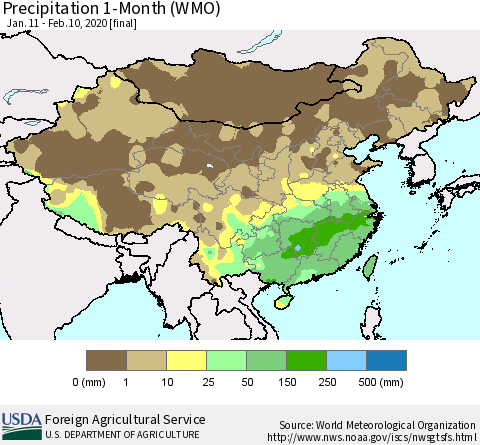 China, Mongolia and Taiwan Precipitation 1-Month (WMO) Thematic Map For 1/11/2020 - 2/10/2020