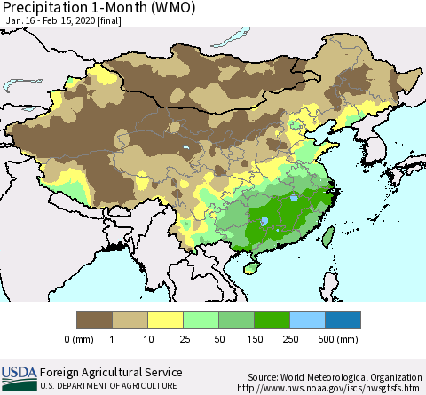 China, Mongolia and Taiwan Precipitation 1-Month (WMO) Thematic Map For 1/16/2020 - 2/15/2020