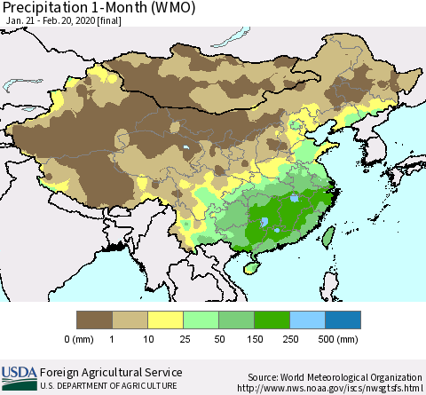 China, Mongolia and Taiwan Precipitation 1-Month (WMO) Thematic Map For 1/21/2020 - 2/20/2020