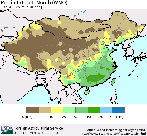 China, Mongolia and Taiwan Precipitation 1-Month (WMO) Thematic Map For 1/26/2020 - 2/25/2020