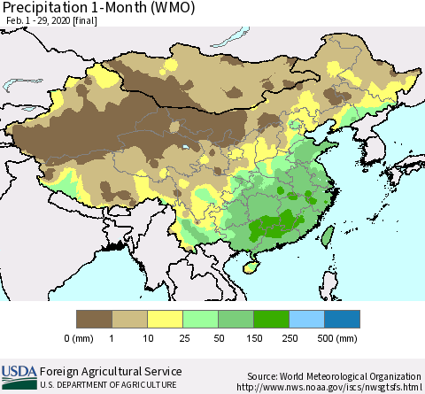 China, Mongolia and Taiwan Precipitation 1-Month (WMO) Thematic Map For 2/1/2020 - 2/29/2020