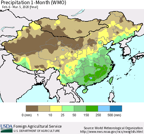 China, Mongolia and Taiwan Precipitation 1-Month (WMO) Thematic Map For 2/6/2020 - 3/5/2020