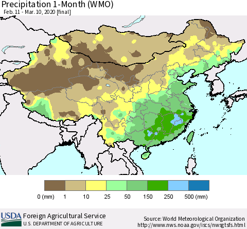 China, Mongolia and Taiwan Precipitation 1-Month (WMO) Thematic Map For 2/11/2020 - 3/10/2020