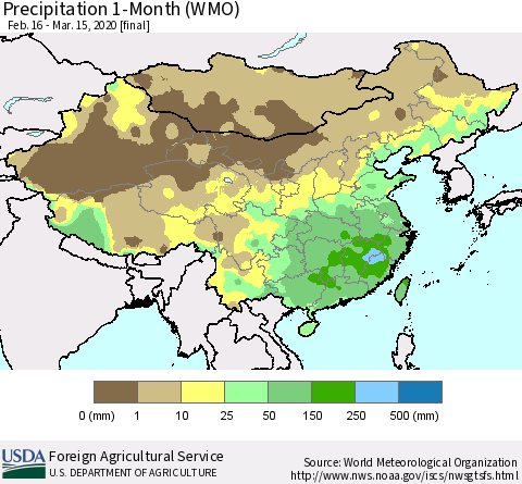 China, Mongolia and Taiwan Precipitation 1-Month (WMO) Thematic Map For 2/16/2020 - 3/15/2020