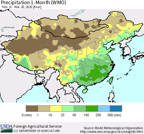 China, Mongolia and Taiwan Precipitation 1-Month (WMO) Thematic Map For 2/21/2020 - 3/20/2020