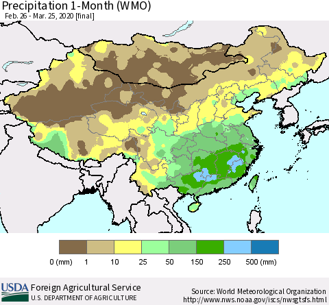 China, Mongolia and Taiwan Precipitation 1-Month (WMO) Thematic Map For 2/26/2020 - 3/25/2020