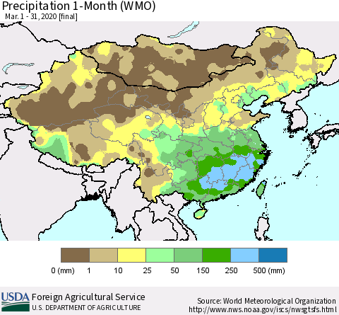 China, Mongolia and Taiwan Precipitation 1-Month (WMO) Thematic Map For 3/1/2020 - 3/31/2020