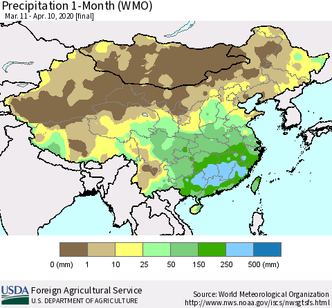 China, Mongolia and Taiwan Precipitation 1-Month (WMO) Thematic Map For 3/11/2020 - 4/10/2020