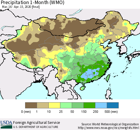 China, Mongolia and Taiwan Precipitation 1-Month (WMO) Thematic Map For 3/16/2020 - 4/15/2020