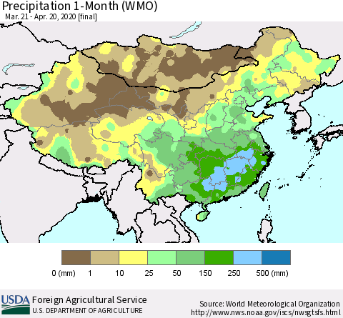China, Mongolia and Taiwan Precipitation 1-Month (WMO) Thematic Map For 3/21/2020 - 4/20/2020