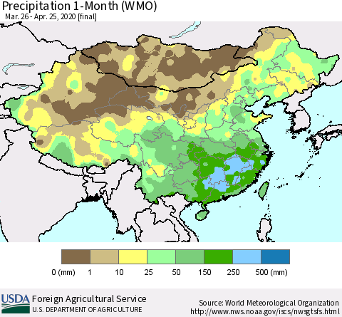 China, Mongolia and Taiwan Precipitation 1-Month (WMO) Thematic Map For 3/26/2020 - 4/25/2020