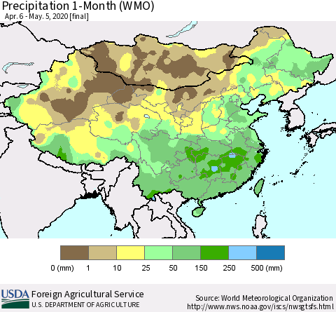 China, Mongolia and Taiwan Precipitation 1-Month (WMO) Thematic Map For 4/6/2020 - 5/5/2020