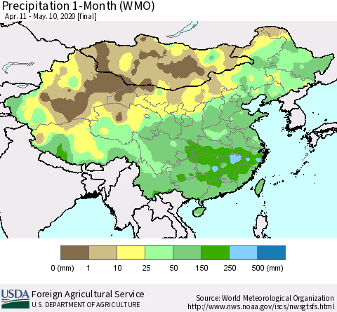 China, Mongolia and Taiwan Precipitation 1-Month (WMO) Thematic Map For 4/11/2020 - 5/10/2020