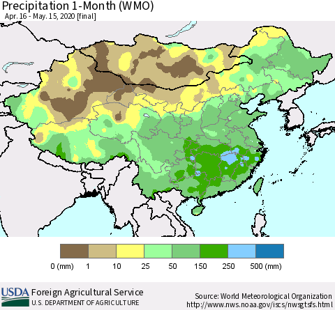 China, Mongolia and Taiwan Precipitation 1-Month (WMO) Thematic Map For 4/16/2020 - 5/15/2020