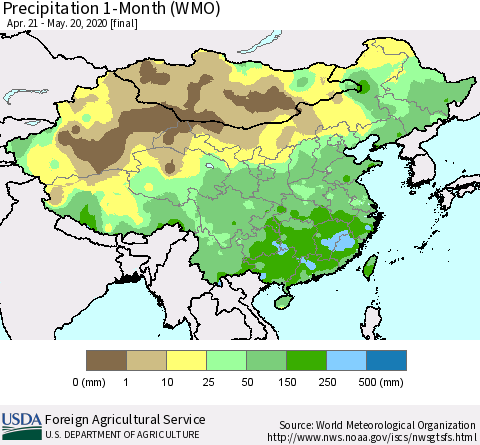 China, Mongolia and Taiwan Precipitation 1-Month (WMO) Thematic Map For 4/21/2020 - 5/20/2020