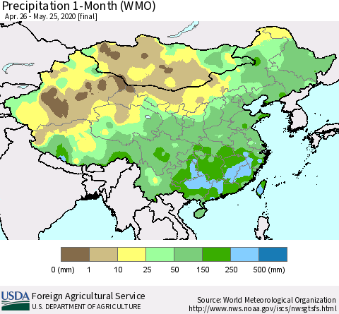 China, Mongolia and Taiwan Precipitation 1-Month (WMO) Thematic Map For 4/26/2020 - 5/25/2020