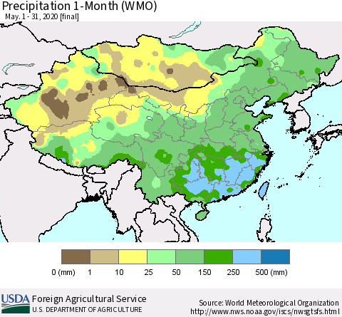 China, Mongolia and Taiwan Precipitation 1-Month (WMO) Thematic Map For 5/1/2020 - 5/31/2020