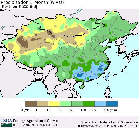 China, Mongolia and Taiwan Precipitation 1-Month (WMO) Thematic Map For 5/6/2020 - 6/5/2020