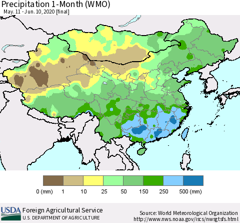 China, Mongolia and Taiwan Precipitation 1-Month (WMO) Thematic Map For 5/11/2020 - 6/10/2020