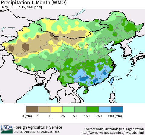 China, Mongolia and Taiwan Precipitation 1-Month (WMO) Thematic Map For 5/16/2020 - 6/15/2020