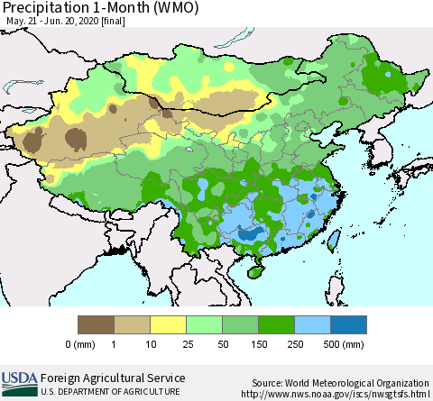 China, Mongolia and Taiwan Precipitation 1-Month (WMO) Thematic Map For 5/21/2020 - 6/20/2020