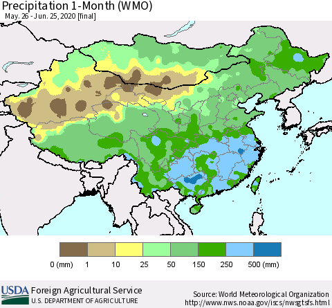 China, Mongolia and Taiwan Precipitation 1-Month (WMO) Thematic Map For 5/26/2020 - 6/25/2020