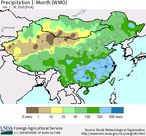 China, Mongolia and Taiwan Precipitation 1-Month (WMO) Thematic Map For 6/1/2020 - 6/30/2020