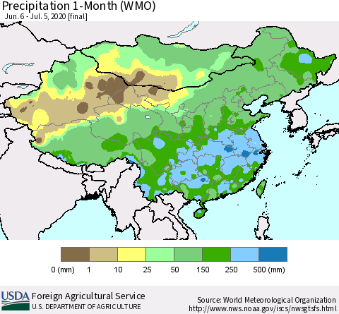 China, Mongolia and Taiwan Precipitation 1-Month (WMO) Thematic Map For 6/6/2020 - 7/5/2020