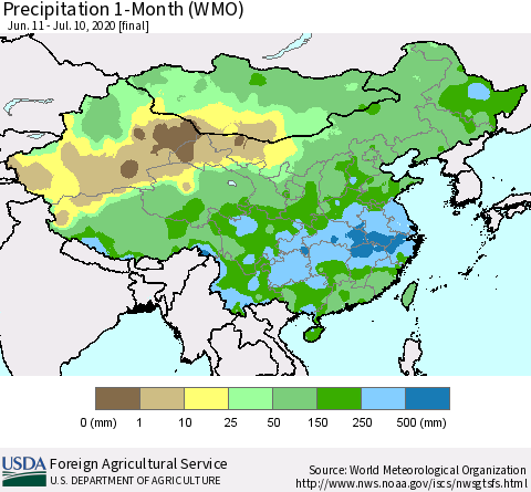 China, Mongolia and Taiwan Precipitation 1-Month (WMO) Thematic Map For 6/11/2020 - 7/10/2020