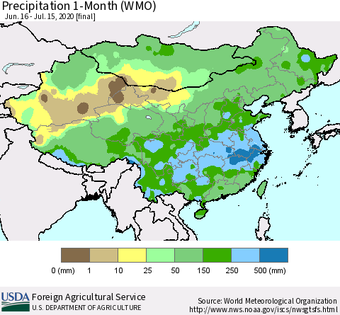 China, Mongolia and Taiwan Precipitation 1-Month (WMO) Thematic Map For 6/16/2020 - 7/15/2020