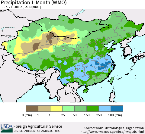 China, Mongolia and Taiwan Precipitation 1-Month (WMO) Thematic Map For 6/21/2020 - 7/20/2020