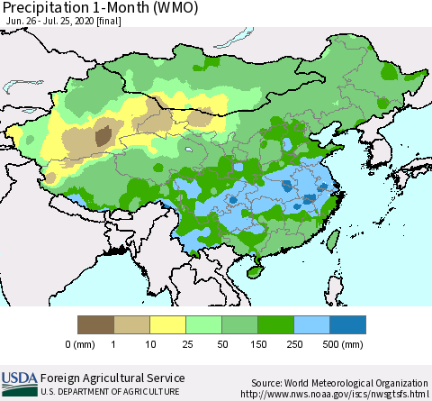 China, Mongolia and Taiwan Precipitation 1-Month (WMO) Thematic Map For 6/26/2020 - 7/25/2020