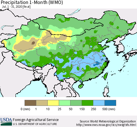 China, Mongolia and Taiwan Precipitation 1-Month (WMO) Thematic Map For 7/1/2020 - 7/31/2020