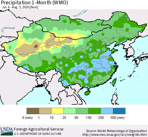 China, Mongolia and Taiwan Precipitation 1-Month (WMO) Thematic Map For 7/6/2020 - 8/5/2020
